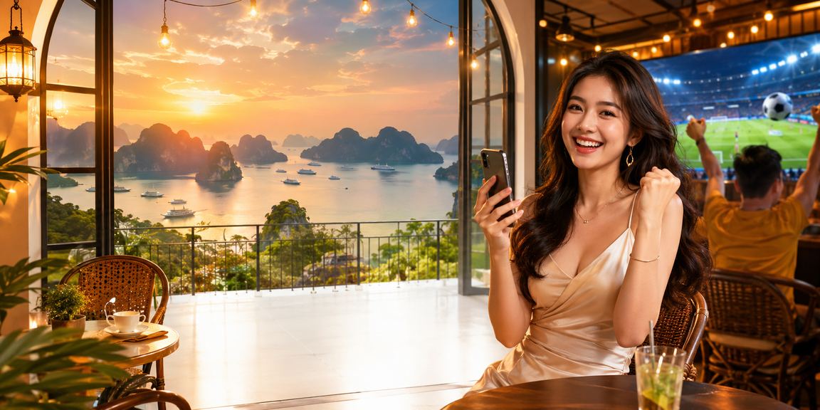 Người chơi bài tại vịnh Hạ Long thưởng thức cà phê và do7 trên điện thoại